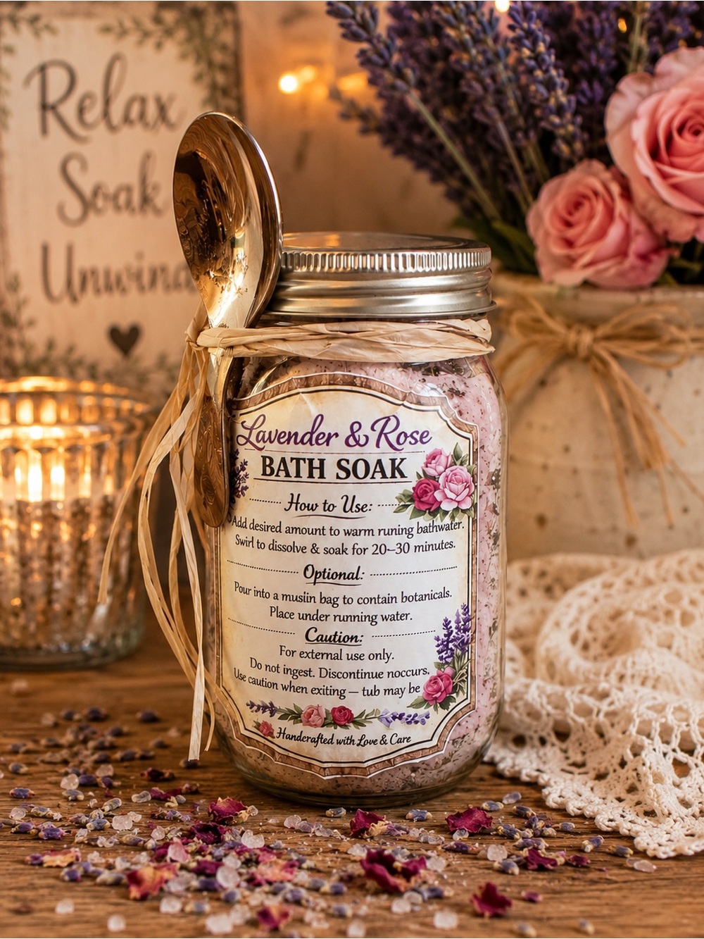 🌿 Lavender & Rose Bath Soak | Handmade Spa Gift